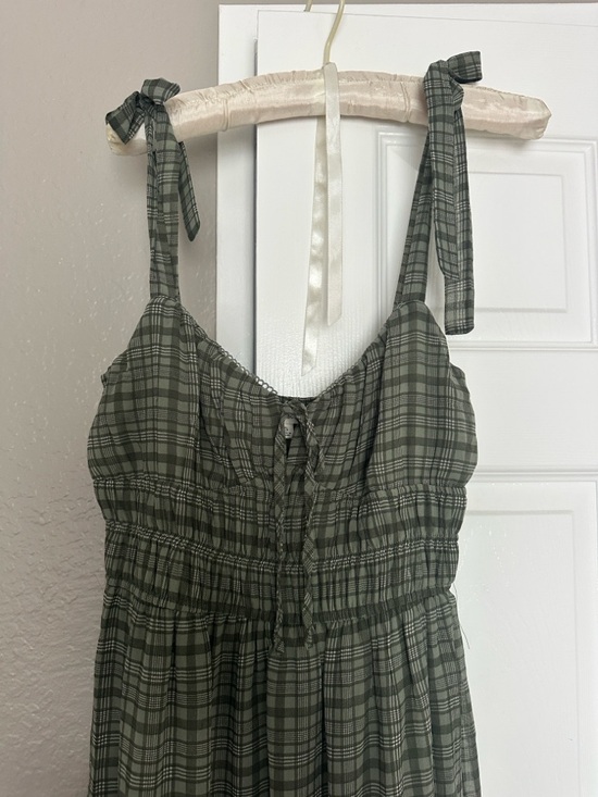 Olive Green Plaid Tie-Shoulder Smocked Midi Dress - Picture 5 of 5